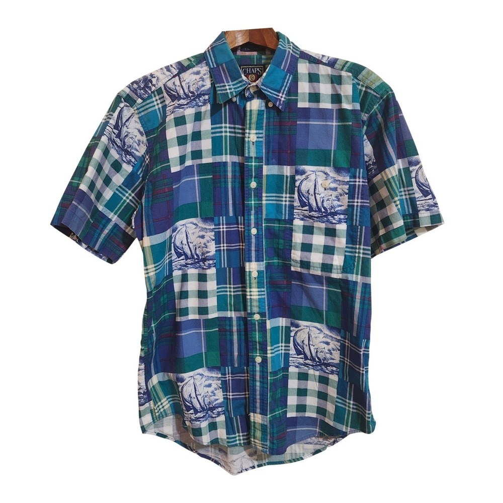 Vtg Chaps Men's M Madras Plaid Sailboat Print Shirt Green Blue Nautical Prep